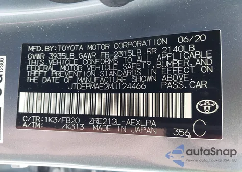 2021 Toyota Corolla Le from USA, damaged, VIN JTDEPMAE2MJ124466